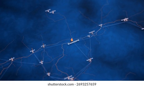Krasnoyarsk map big data visualization. Futuristic map infographic of city in Russia. Visual map data complexity in modern blue and orange colors. 3D Illustration