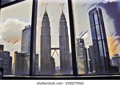 Kuala Lumpur, Malaysia - February 21 2021: An Illustration Of Petronas Twin Tower KLCC On The Window