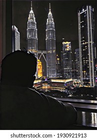 Kuala Lumpur, Malaysia - February 21 2021: An Illustration Of Man Looking At Petronas Twin Tower KLCC In The Night Time