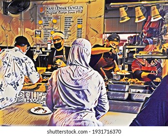 Kuala Lumpur, Malaysia - March 8 2021: An Illustration Of People Selling Food In Food Court