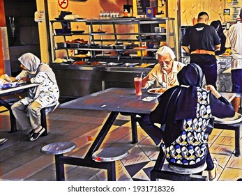 Kuala Lumpur, Malaysia - March 8 2021: An Illustration Of People Eating Food On Food Court