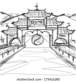 Kung Fu Concept. Sketch Background With China