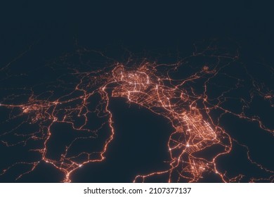 Kunming Aerial View At Night. Top View On Modern City With Street Lights. Satellite View With Glow Effect