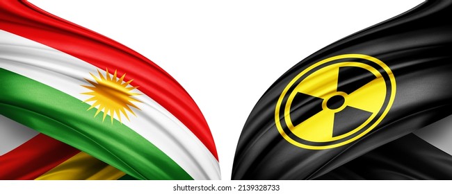 Kurdistan flag of silk and nuclear radiation symbol-3D illustration