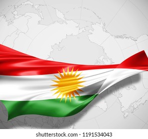 Kurdistan  flag of silk and world map background -3D illustration 