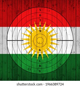 Kurdistan flag, target and wood background-3D illustration