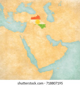 Kurdistan (Kurdish flag) on the map of Middle East (Western Asia) in soft grunge and vintage style, like old paper with watercolor painting. 