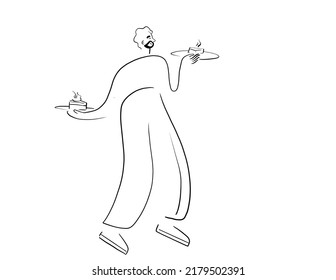 Kuwait Arab Man Male Boy Beard Happy Fun Waiter Holding Cake Food Dish Standing Smiling Eyes Closed Transparent No Background Isolated One Line Art Black White Trousers Sneakers Minimalist Fine Style