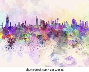 Kuwait City Skyline In Watercolor Background