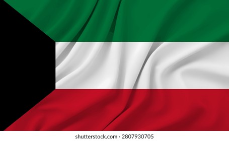 Kuwait national flag featuring horizontal green white and red stripes with black trapezoid at hoist side. Wavy fabric texture creates realistic movement and elegant drape effect.