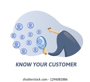 KYC, Know Your Customer concept. Businessman looking at the partners-to-be through a magnifying glass. Colored flat illustration on white background. Raster version.