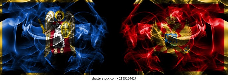 Kyiv, Kiev Vs Montenegro, Montenegrin Flag. Smoke Flags Placed Side By Side Isolated On Black Background. 