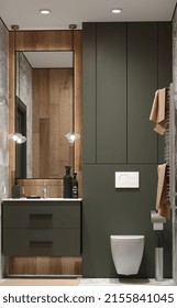 Kyiv, Ukraine - 05.12.2022: 3D Render, Model Of Small Cute Cozy Modern Bathroom Design With Dark Olive Green Color Furniture Cabinet With Wooden Tile 
And Big Mirror With Lighting On Wall.