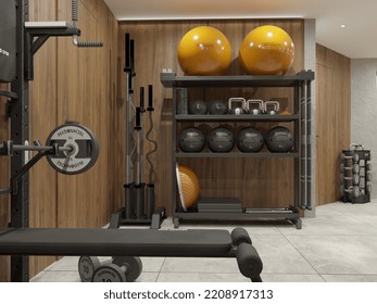 Kyiv, Ukraine - 09.29.2022: Photo Realistic 3d Render Of Small Home Sport Gym Interior Design With Wooden Walls, Black Iron Machines, Equipment For Fitness And Exercises, Balls, Weight.    