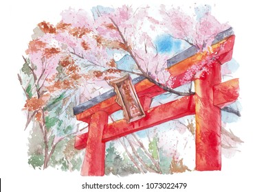 京都市のスケッチ 桜と鳥居 手描きの水彩画 のイラスト素材 Shutterstock