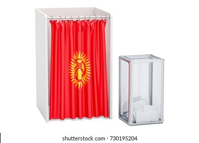 Kyrgyz Election Concept, Ballot Box And Voting Booths With Flag Of Kirghizia, 3D Rendering