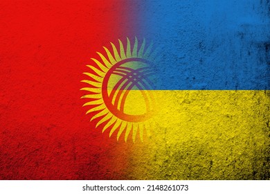 The Kyrgyz Republic Kyrgyzstan National Flag With National Flag Of Ukraine. Grunge Background