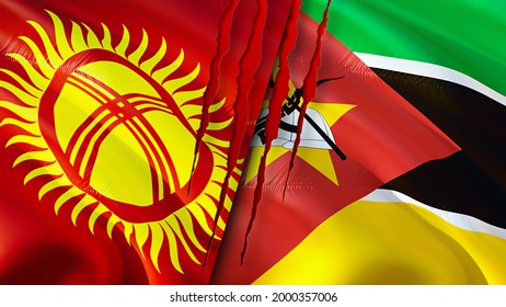 Kyrgyzstan And Mozambique Flags With Scar Concept. Waving Flag,3D Rendering. Kyrgyzstan And Mozambique Conflict Concept. Kyrgyzstan Mozambique Relations Concept. Flag Of Kyrgyzstan And Mozambique
