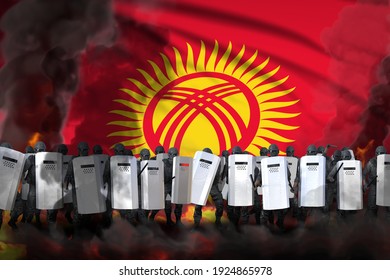 Kyrgyzstan Police Special Forces In Heavy Smoke And Fire Protecting Government Against Demonstration - Protest Fighting Concept, Military 3D Illustration On Flag Background