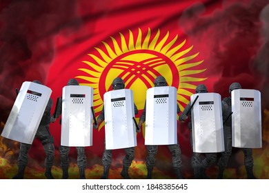 Kyrgyzstan Protest Stopping Concept, Police Squad Protecting State Against Riot - Military 3D Illustration On Flag Background