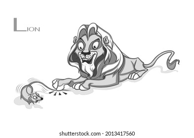 L for lion. Cartoon two characters. A lion is holding the tail of a rat with one finger and the rat is scared.