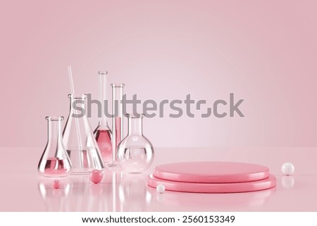 Lab glass composition with beakers, flasks with transparent liquid on pink podium background. Scientific vessels near round platform with pearl spheres. Clean 3d render cosmetic. 3D Illustration