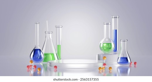 Lab glass composition with flasks containing blue, green liquids near cylindrical white podium platform and molecule model. Scientific 3d render glassware equipment on reflective. 3D Illustration