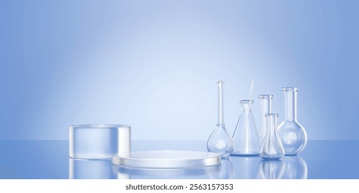 Lab glass research equipment with empty transparent flasks, test tubes near circular transparent podium displays. Scientific 3d render mockup on blue reflective background for. 3D Illustration