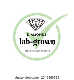 Lab Grown and Ethically Sourced Diamond Illustration. Diamond Logo with Green Tick on White Background - Powered by Shutterstock