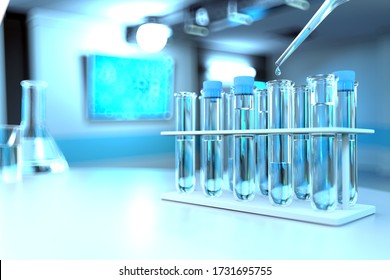 Lab Test Tubes In Modern Microbiology Research Office - Drinkable Water Quality Test For Bacteria Concept, Medical 3D Illustration