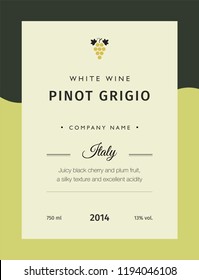 Label For A Bottle Of Wine, Glasses And A Bunch Of Grapes. Best Quality Grape Varieties And Premium Wine Brand Names Labels Emblems Isolated Illustration. White Wine Label Pinot Grigio