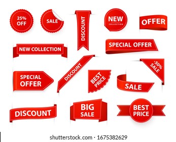 Label tags. Realistic price ribbon tag, red market flags, retail and marketing best offer labels and stickers. Shopping sales sticker template  illustration set. Corner sale new product elements