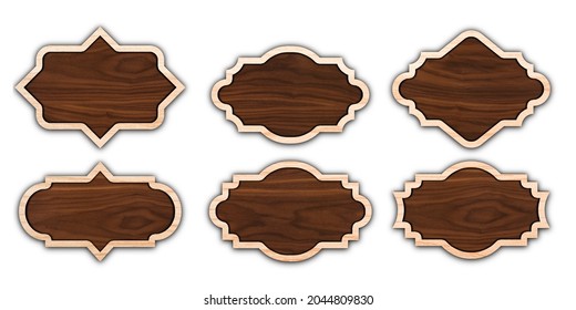 Labels Set plaque texture with wooden border frame isolated on White Background. 6 Brown wood label collection. old boards Empty blank.  3D illustration 