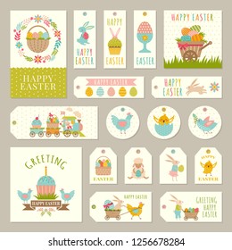 Labels, tags with illustrations of easter theme with rabbits, plants and colored eggs