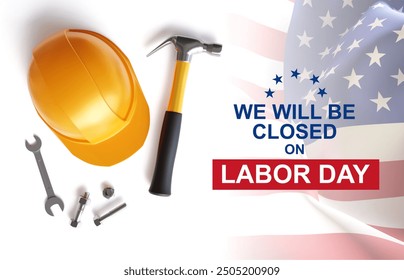 Labor Day Background. Construction tools and American flag with text - We will be Closed on Labor Day. 3d-rendering - Powered by Shutterstock