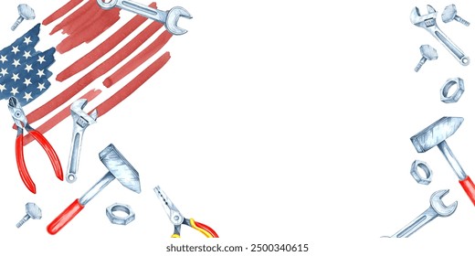 Labor Day banner with American flag and variety of tools including wrenches, pliers, and hammers scattered around it. Watercolor clipart ideal for use in flyers, social media and promotional designs - Powered by Shutterstock