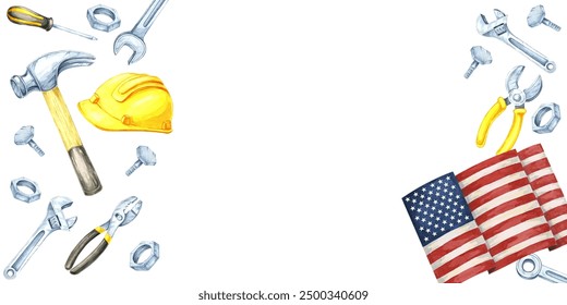 Labor Day watercolor banner with American flag with a hammer, yellow safety helmet, and a set of tools like screwdrivers and bolts. Clipart allows for text placement, perfect for promotions, flyers, - Powered by Shutterstock