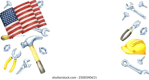 Labor Day watercolor clipart with American flag along with tools such as a hammer, wrench, and yellow safety helmet. The banner is offering space for text in flyers, and promotional materials - Powered by Shutterstock