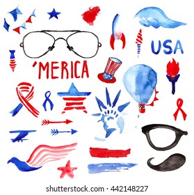 Labor day Watercolor Collection of Fourth of July Items with hand-drawn symbols of independence, Patriot of America - Powered by Shutterstock