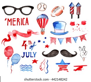 Labor Day Watercolor Collection Of Fourth Of July Items With Hand-drawn Symbols Of Independence, Patriot Of America