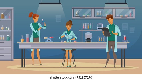 Laboratory assistants work in scientific medical chemical or biological lab setting experiments retro cartoon poster  illustration  