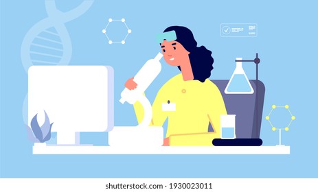 Laboratory concept. Sciensist with microscope illustration. Medicine, medical tests, lab assistant
