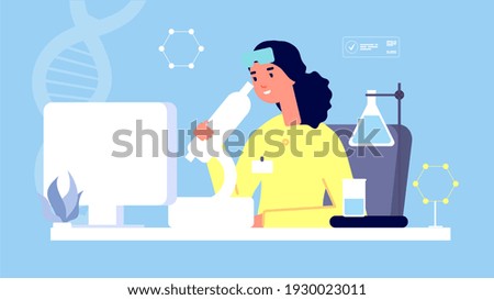Laboratory concept. Sciensist with microscope illustration. Medicine, medical tests, lab assistant