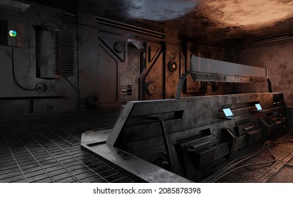 Laboratory Control Room Sci-fi In Dark Scene 3D Rendering Wallpaper Background