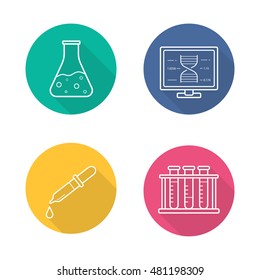 Laboratory Equipment Flat Linear Long Shadow Icons Set. Lab Flask And Pipette. Test Tubes Rack And Dna Strand Research Formula. Raster