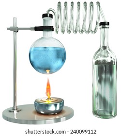 Laboratory glass burner process, 3d render isolated on white