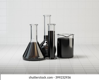 Laboratory Glassware With Oil On Lab Table. Tiles Background. 3D Illustration