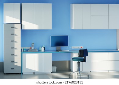 Laboratory Interior. Visualization Of Empty Laboratory. Lab For Scientific Research. Laboratory Furniture On Blue Wall. Workplaces Of Researcher. Computer And Microscope In Lab Interior. 3d Image.