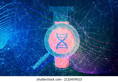 Laboratory Test Tub With Dna Symbol And Magnifier.