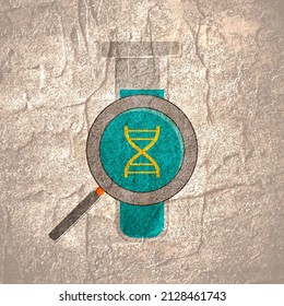 Laboratory Test Tub With Dna Symbol And Magnifier.